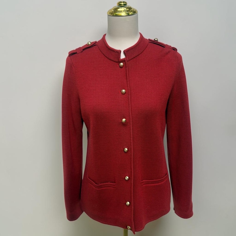 Talbots Cardigan Jacket Sm Rust Merino Wool Military Mock Neck Academia Timeless